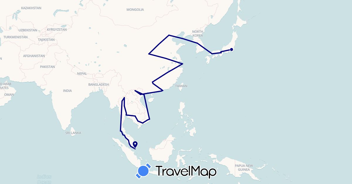 TravelMap itinerary: driving in China, Hong Kong, Japan, Cambodia, South Korea, Macau, Malaysia, Singapore, Thailand, Vietnam (Asia)